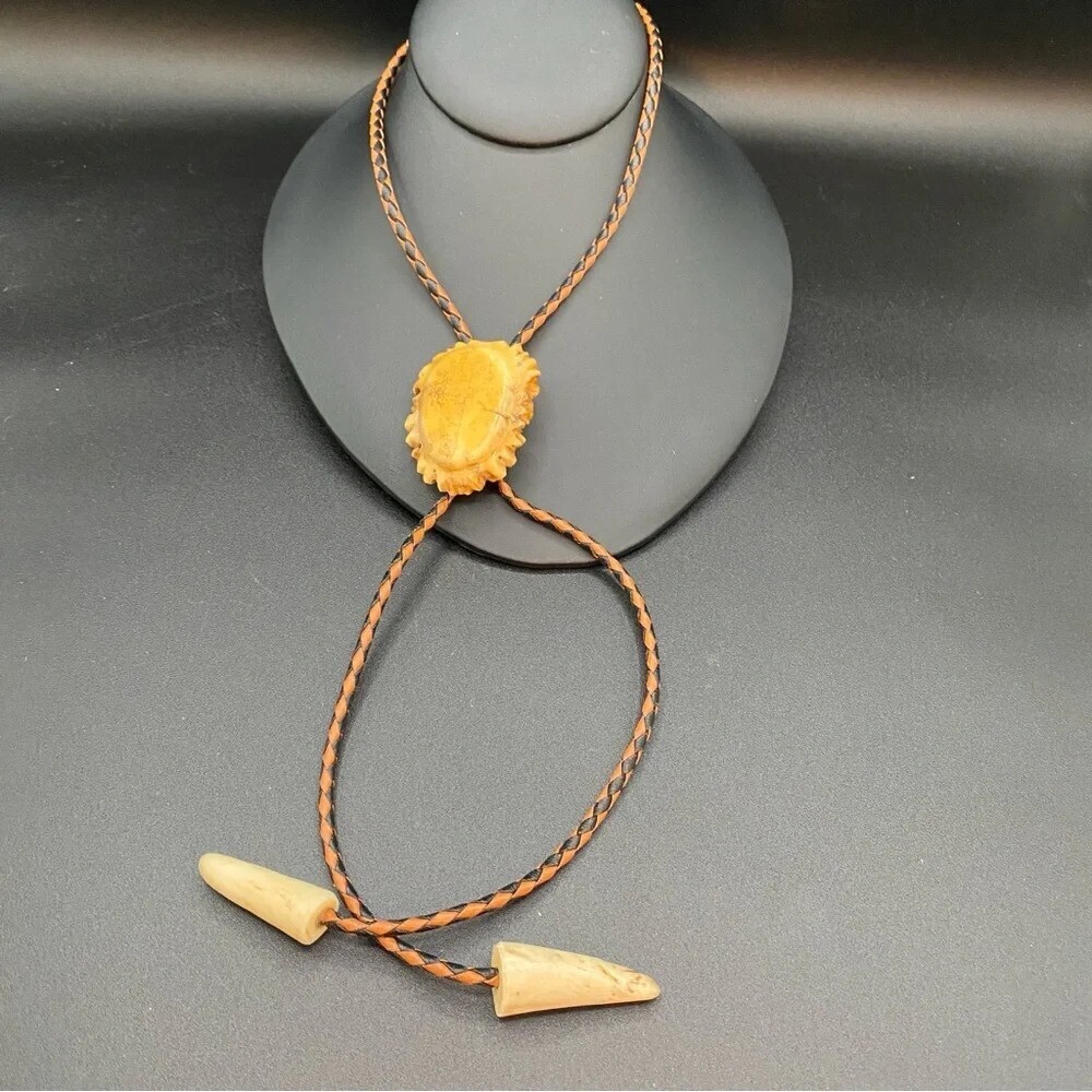 Vintage Bolo Neck Tie with Braided Leather Cord and Carved Horn